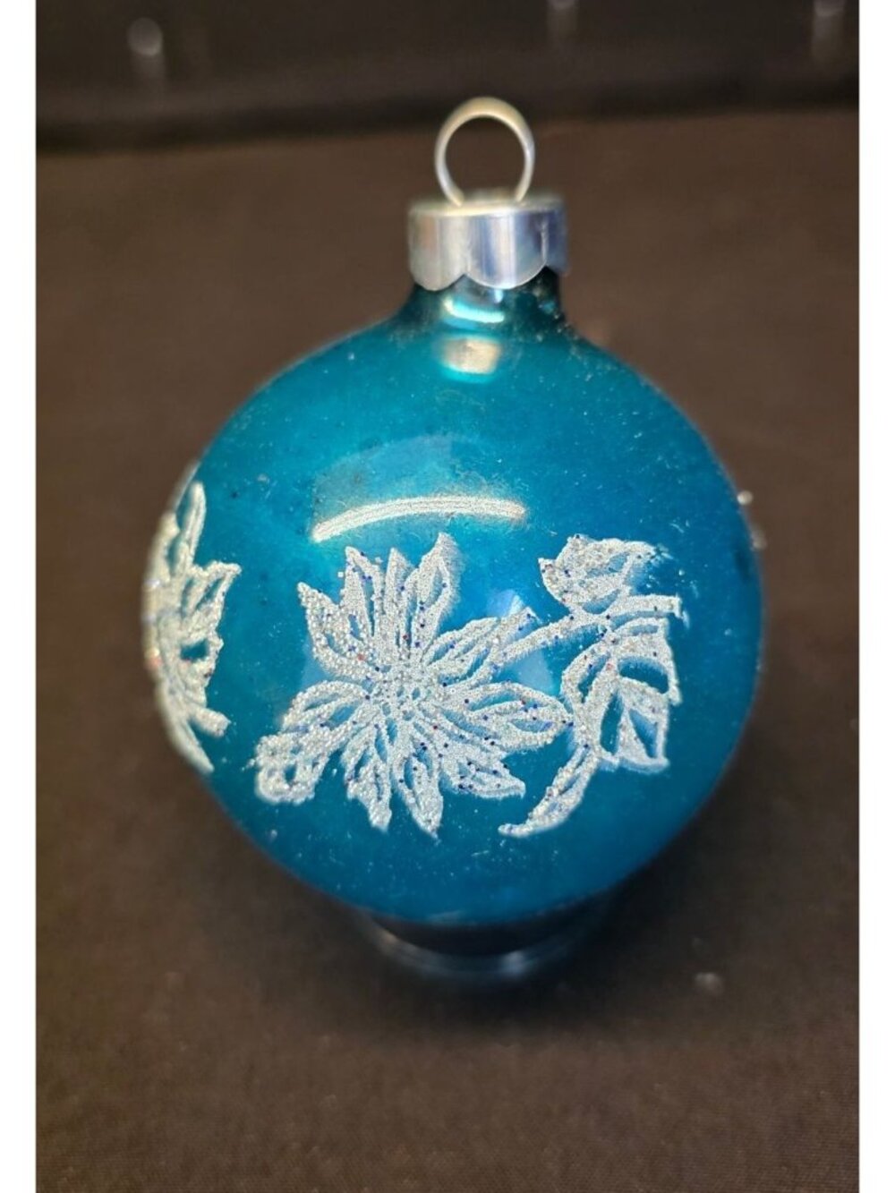 Vintage Unsilvered Blue Mercury Glass Flower Stenciled Christmas Ornament USA